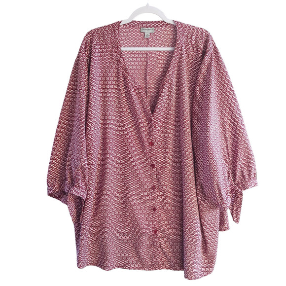 Catherines Tops - CATHERINES Button Up Blouse Womens 4X Red Geometric Georgette Tie 3/4 Sleeve